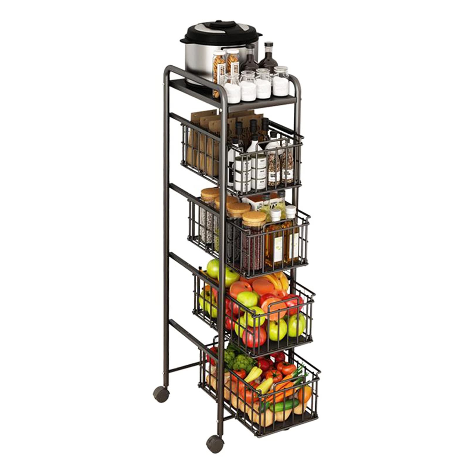LKH Heavy Duty 5-Tier Rolling Microwave Cart with Sliding Basket Drawer - 41×30×132cm Kitchen Storage Shelving Unit - Perfect for Small Spaces, Apartments & Dorm Rooms (5-Tier, White)