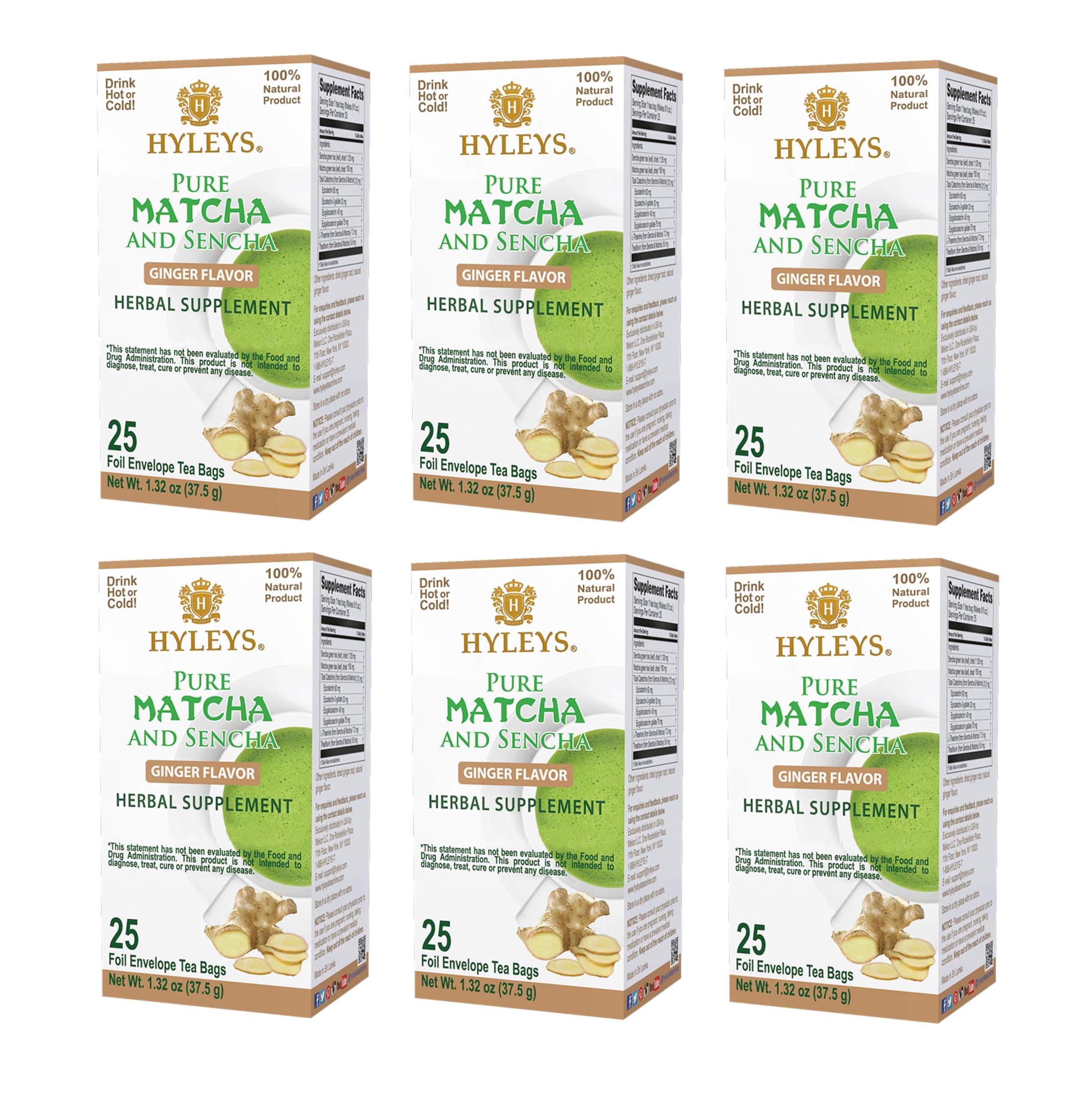 Hyleys Japanese Pure Matcha Green Tea Bags with Ginger - 150 Tea Bags (6 Pack) - Antioxidant Wellness Tea for Energy Boost & Relaxation - Perfect for Morning Routine, Office Work or Afternoon Break