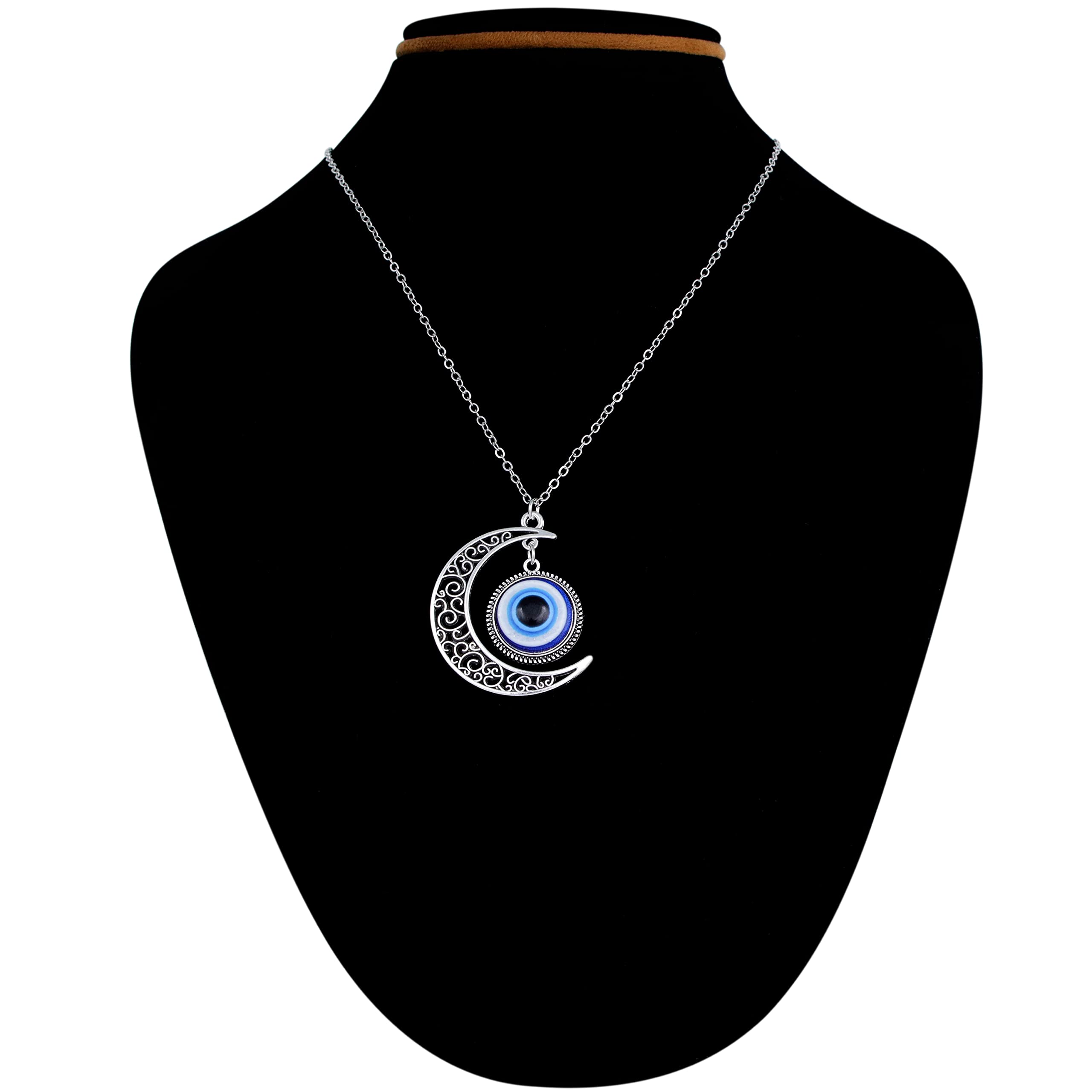 Exclusive Moon Evil Eye Silver Plated Chain Necklace for Women, Men & Teens - Fashion Jewelry Gift for Birthday, Party & Everyday Wear