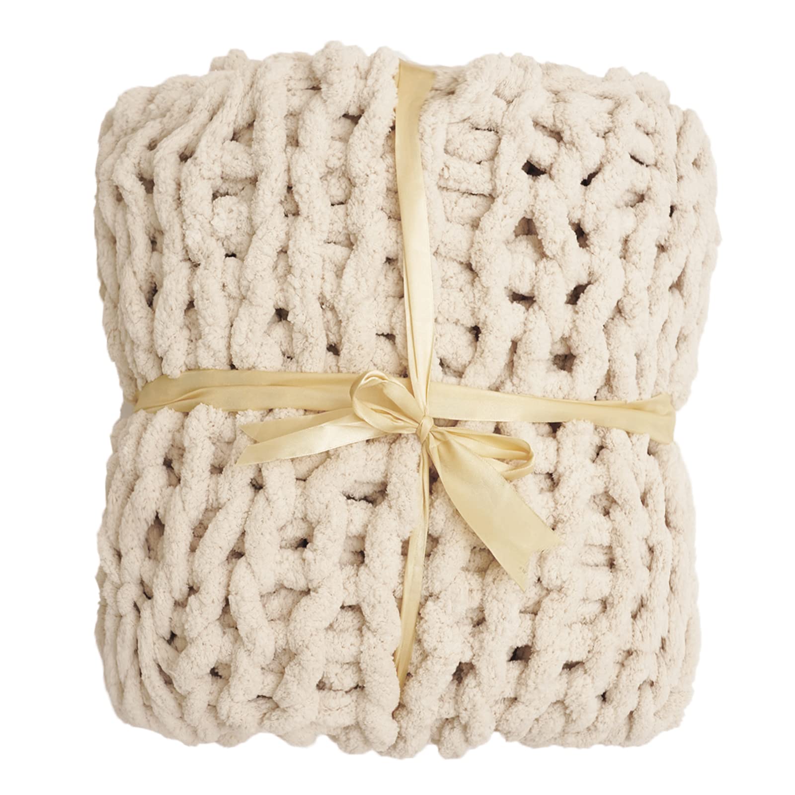 Chunky Knit Blanket - Soft Chenille Throw Blanket 40x60 Inches, Beige | Handmade Cozy Yarn Blanket for Bed, Sofa & Chair | Machine Washable | Perfect for Winter Nights, Home Decor & Gift Giving