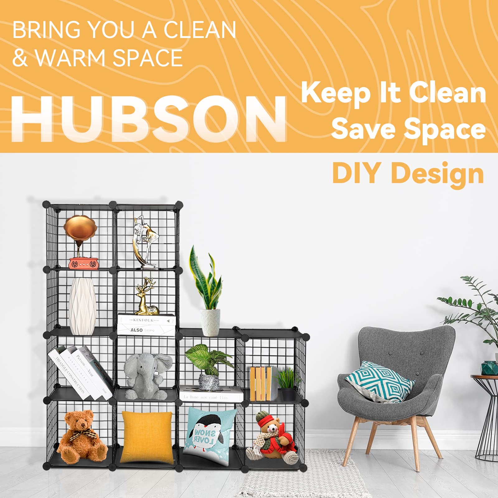 HUBSON 9-Cube Wire Storage Organizer - Freely Combinable Metal Grid Shelf for Books, Toys, Crafts, Potted Plants & Pet Supplies | Space-Saving Closet & Home Organization Solution (Black Iron Finish) - Perfect for Bedrooms, Playrooms & Home Offices