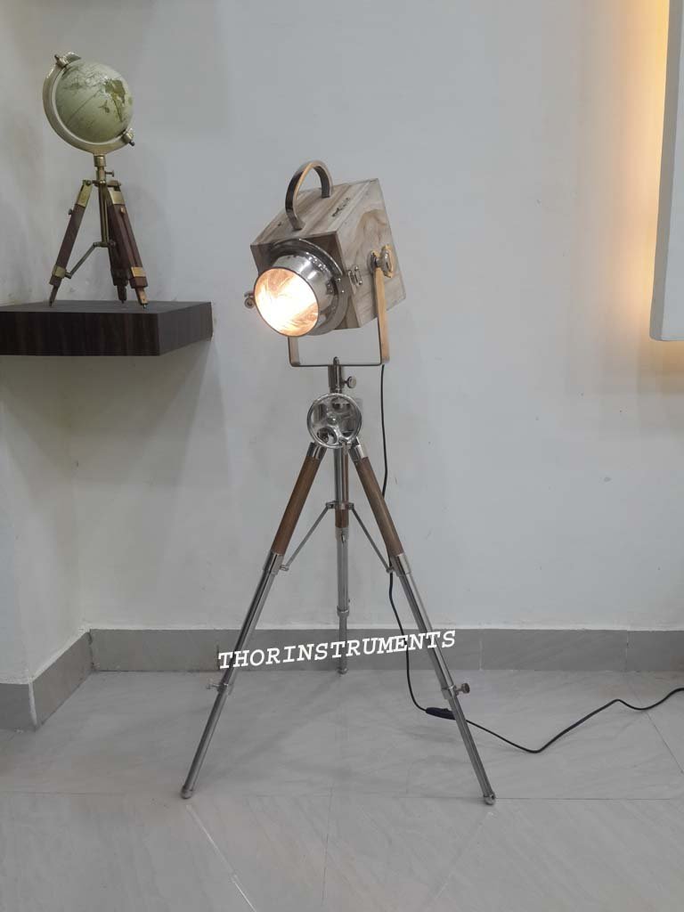 Vintage Searchlight Chrome Finish Wooden Table Lamp with Tripod Stand - Rustic Home Decor, Perfect for Living Room, Bedroom, or Office Lighting