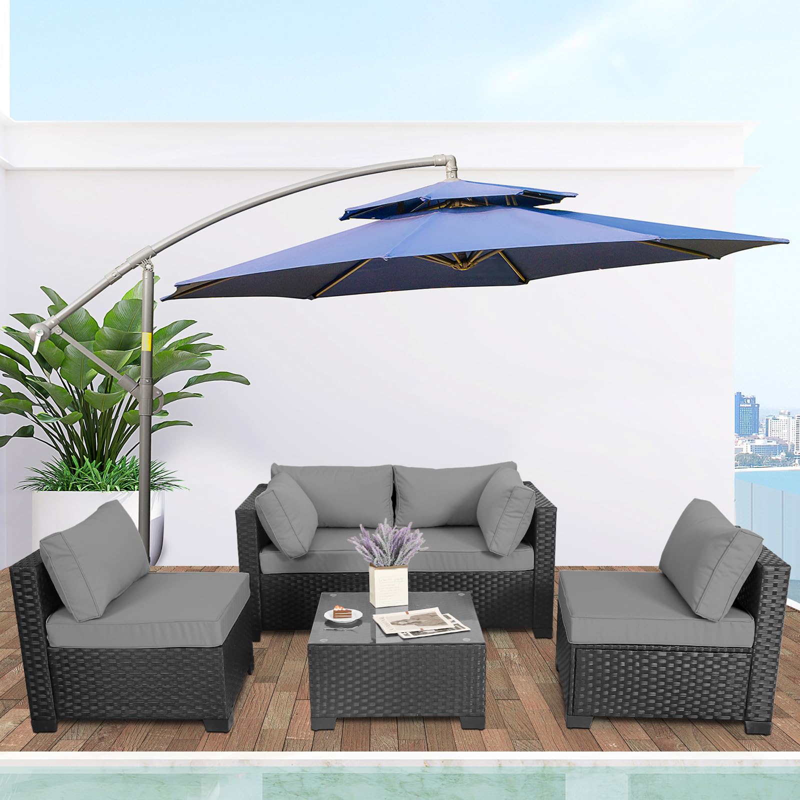 Outdoor PE Wicker 5-Piece Patio Furniture Set - Black Rattan Sectional Sofa with Coffee Table & Gray Cushions - Perfect for Garden, Poolside, and Backyard Relaxation