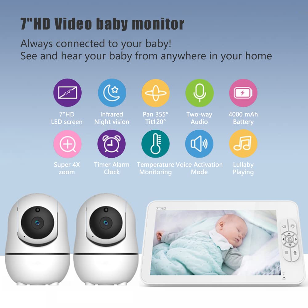 GUAZI STORE 7-inch Large Screen Baby Monitor with Camera - Split Screen, Rotating Camera, 2-Way Talk & Temperature Sensor | 2 Camera System with Auto Night Vision & Lullabies | Perfect for Nursery, Bedroom & Travel Baby Monitoring