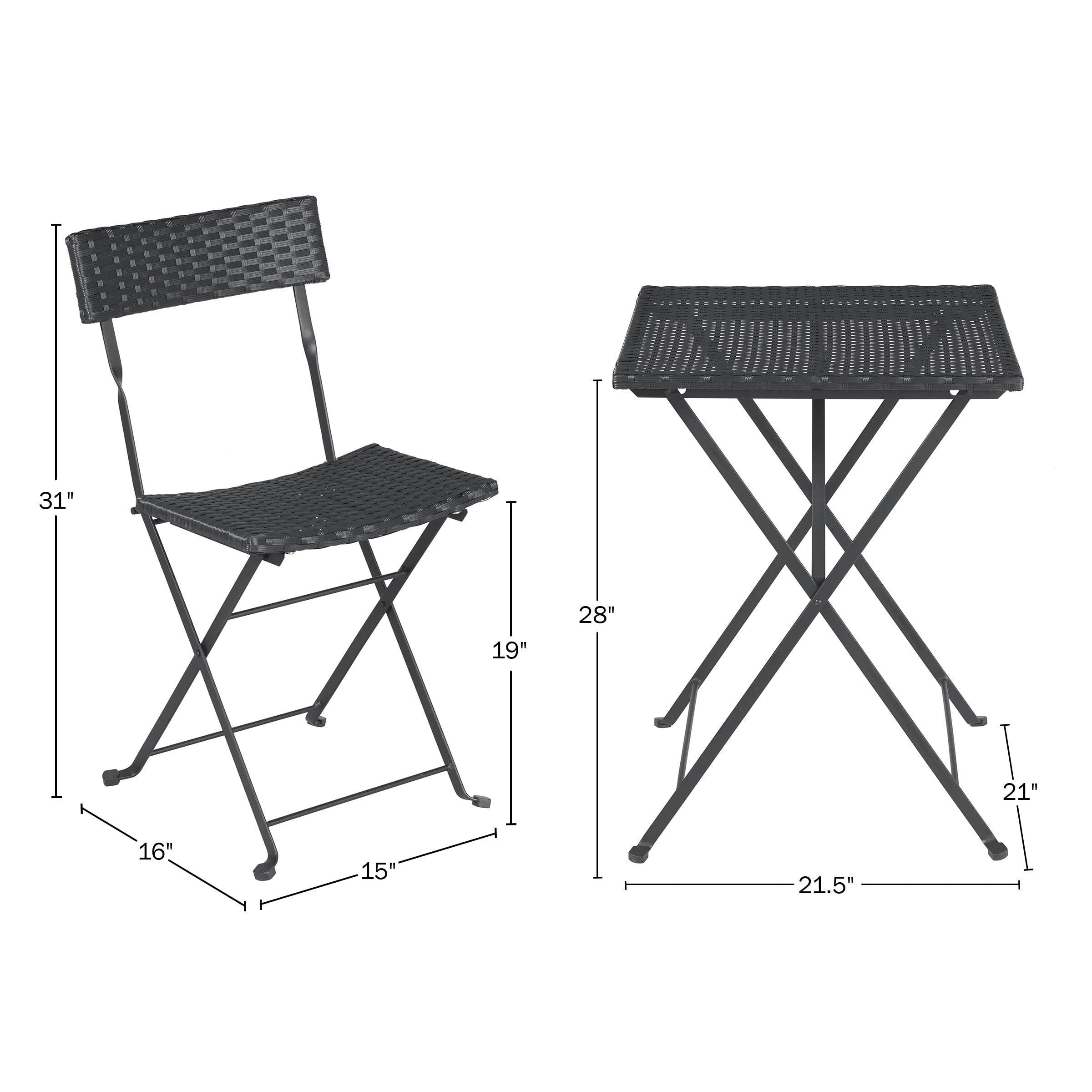 Lavish Home 3-Piece Folding Patio Bistro Set - Weather-Resistant Rattan & Steel Outdoor Café Table with Chairs for Porch, Deck, Garden, Balcony or Backyard (Black) | Perfect for Small Space Dining, Morning Coffee & Outdoor Entertaining