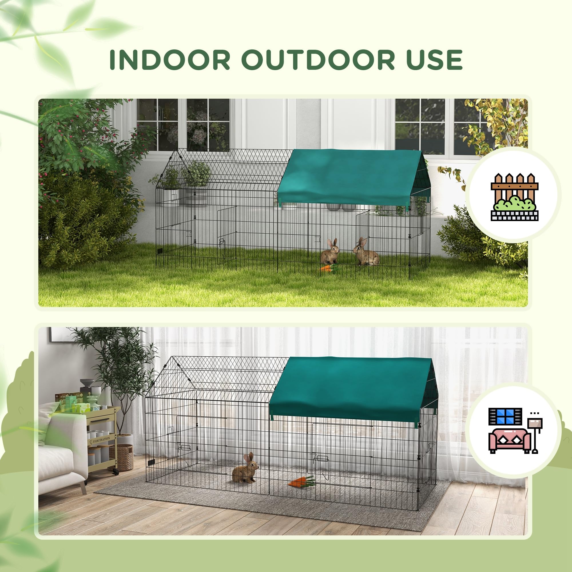 PawHut 87-Inch Small Animal Playpen with Doors - Outdoor/Indoor Catio Cage for Rabbits, Guinea Pigs, Chickens, Chinchillas, Cats, Quails & Ducks - Spire Roof Design in Green - Perfect for Backyard, Patio or Indoor Pet Play Areas