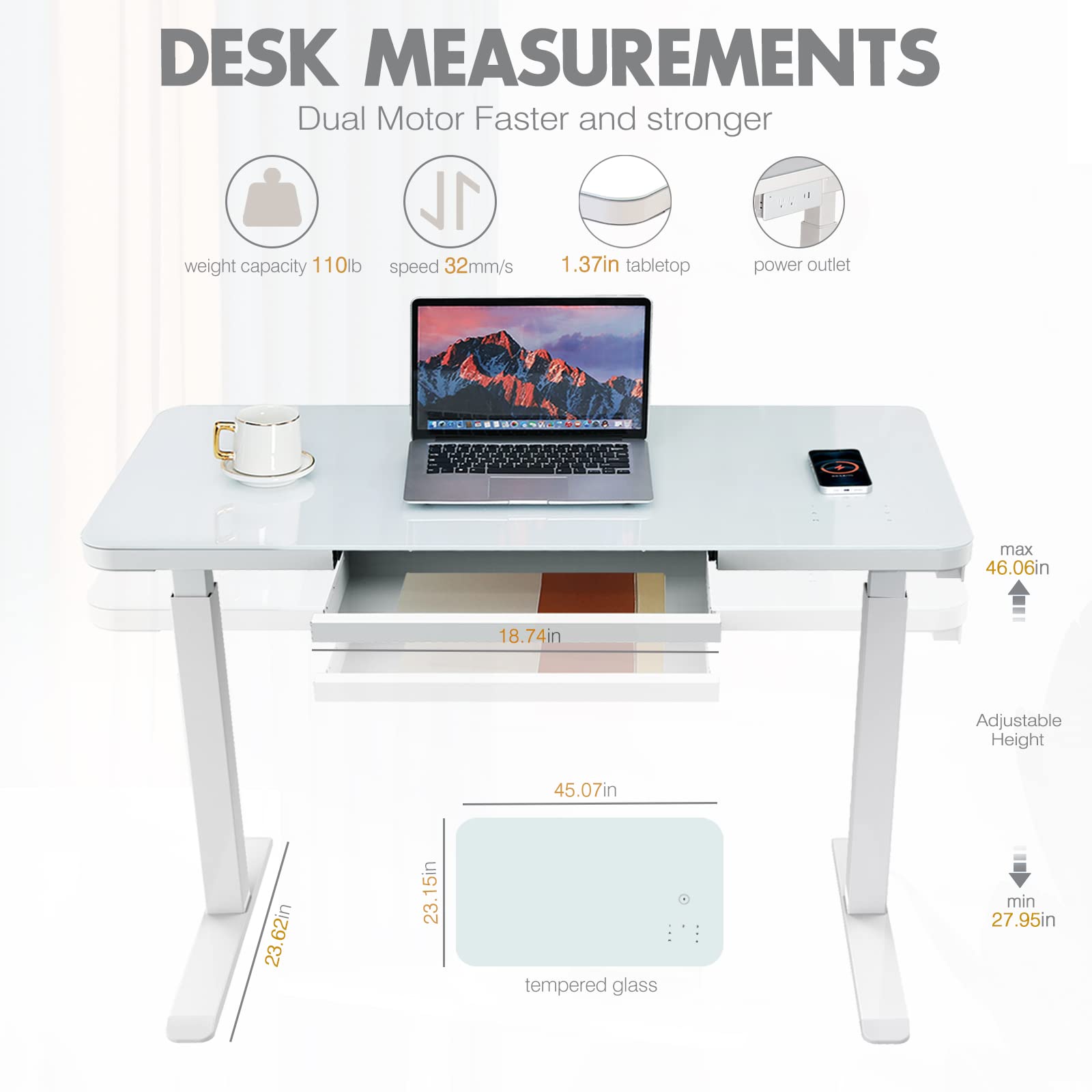 AIMEZO Electric Standing Desk with Drawer - Adjustable Height Sit Stand Desk with Tempered Glass Top, Touchscreen Controller, Wireless Charging, USB Ports & Power Strip | Dual Motor Lift System | Perfect for Home Office, Gaming Setup & Workspace Ergonomics
