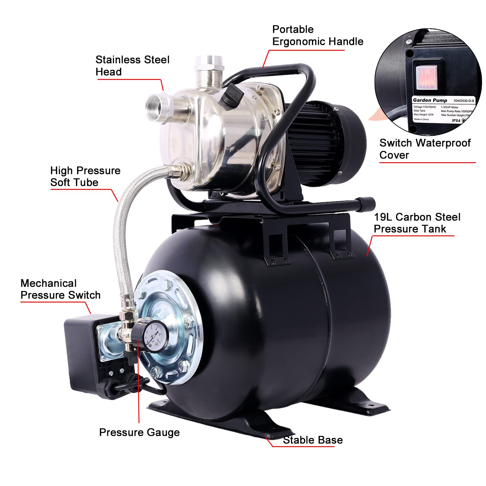 1.6HP Shallow Well Pump with Pressure Tank - 1000 GPH 1200W Automatic Water Booster Pump for Home, Garden, Lawn & Farm Irrigation | Stainless Steel Head | Black | Perfect for Watering Plants, Lawn Care & Agricultural Use