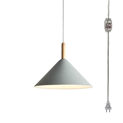 ANYE Grey Cone Shade Pendant Light with 15ft Plug-in Cord & UL Dimmer Switch - Wooden Handle, Nordic Minimalist Design for Dining Room, Restaurant, Cafe - Bulb Not Included (Perfect for Modern Home Decor & Commercial Spaces)