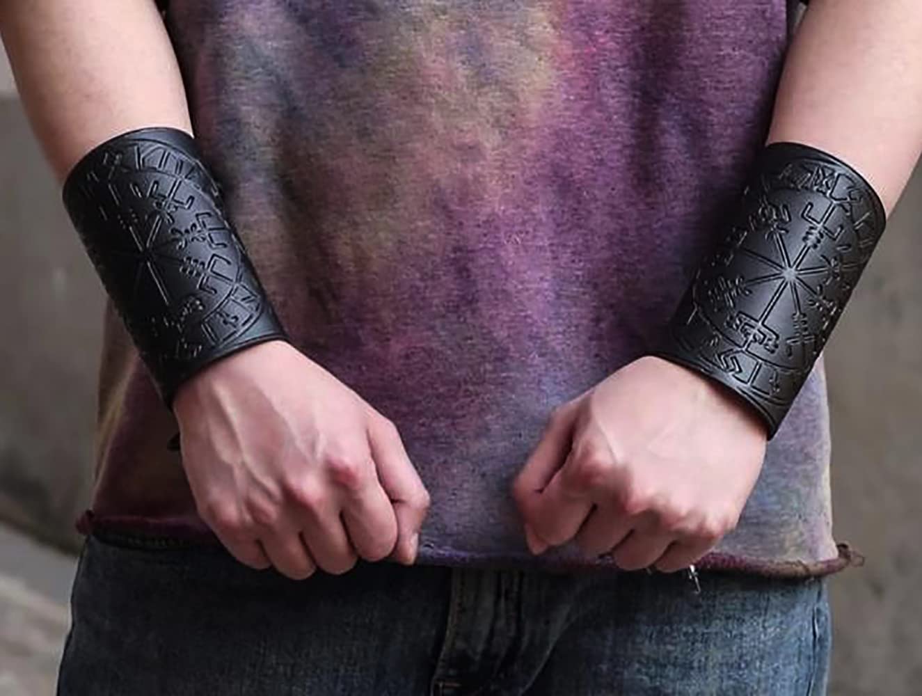 Viking Leather Bracers - Medieval Knight Armor Guards, LARP PU Leather Gauntlet, Embossed Armor Wristband for Cosplay, Renaissance Fairs & Historical Reenactments
