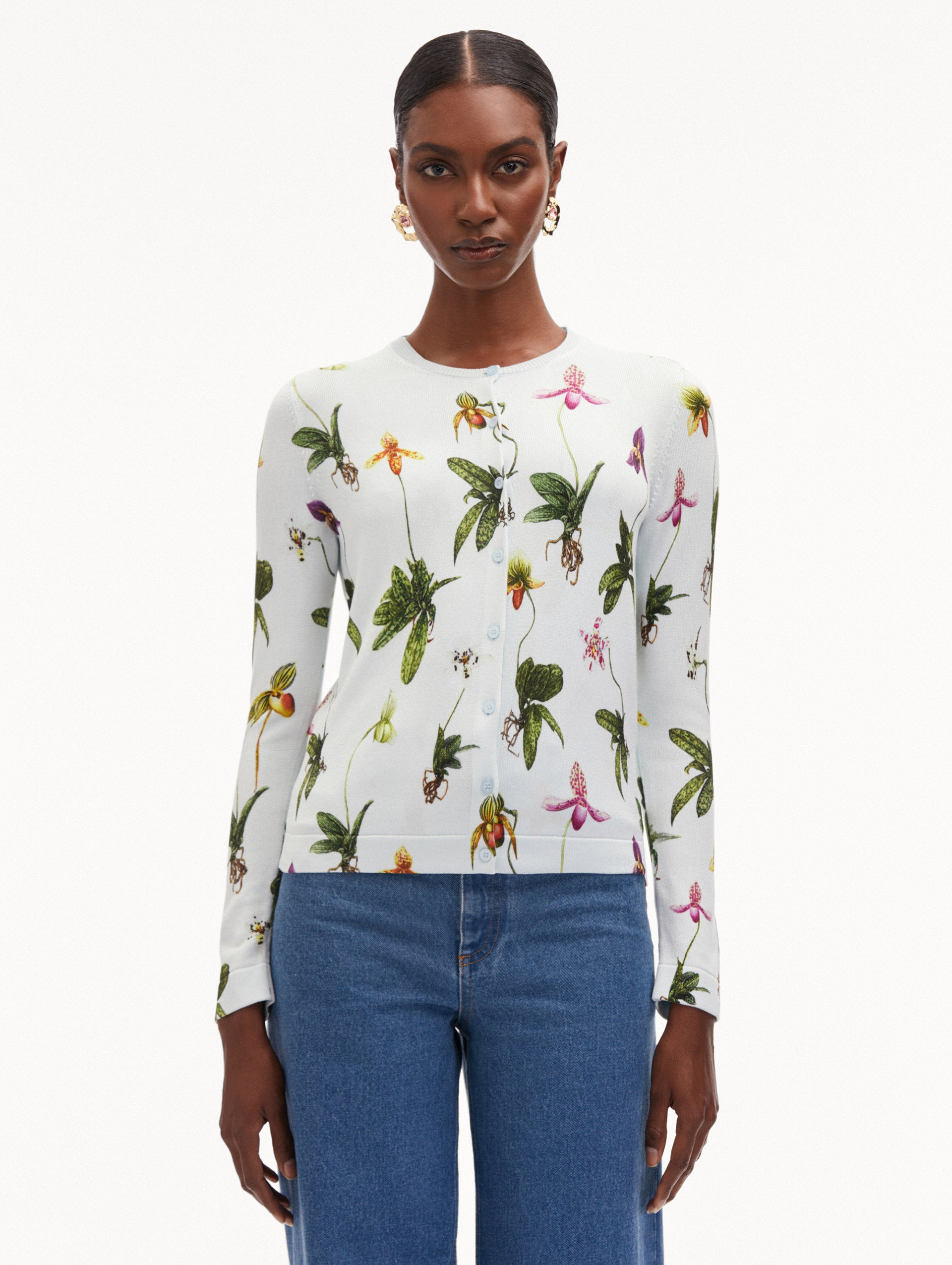 Elegant Orchid Printed Cardigan for Women - Soft & Comfortable Knit Sweater - Perfect for Spring & Fall Outfits, Office Wear, and Casual Dates