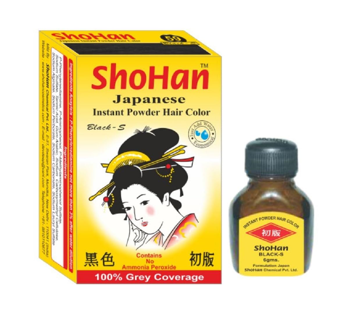 Gentle ShoHan Japanese Hair Dye for Hair Loss Reduction - Natural Black Color (6 Pack, 36g) | Safe Ammonia-Free Hair Coloring for Home Use & Salon Professionals