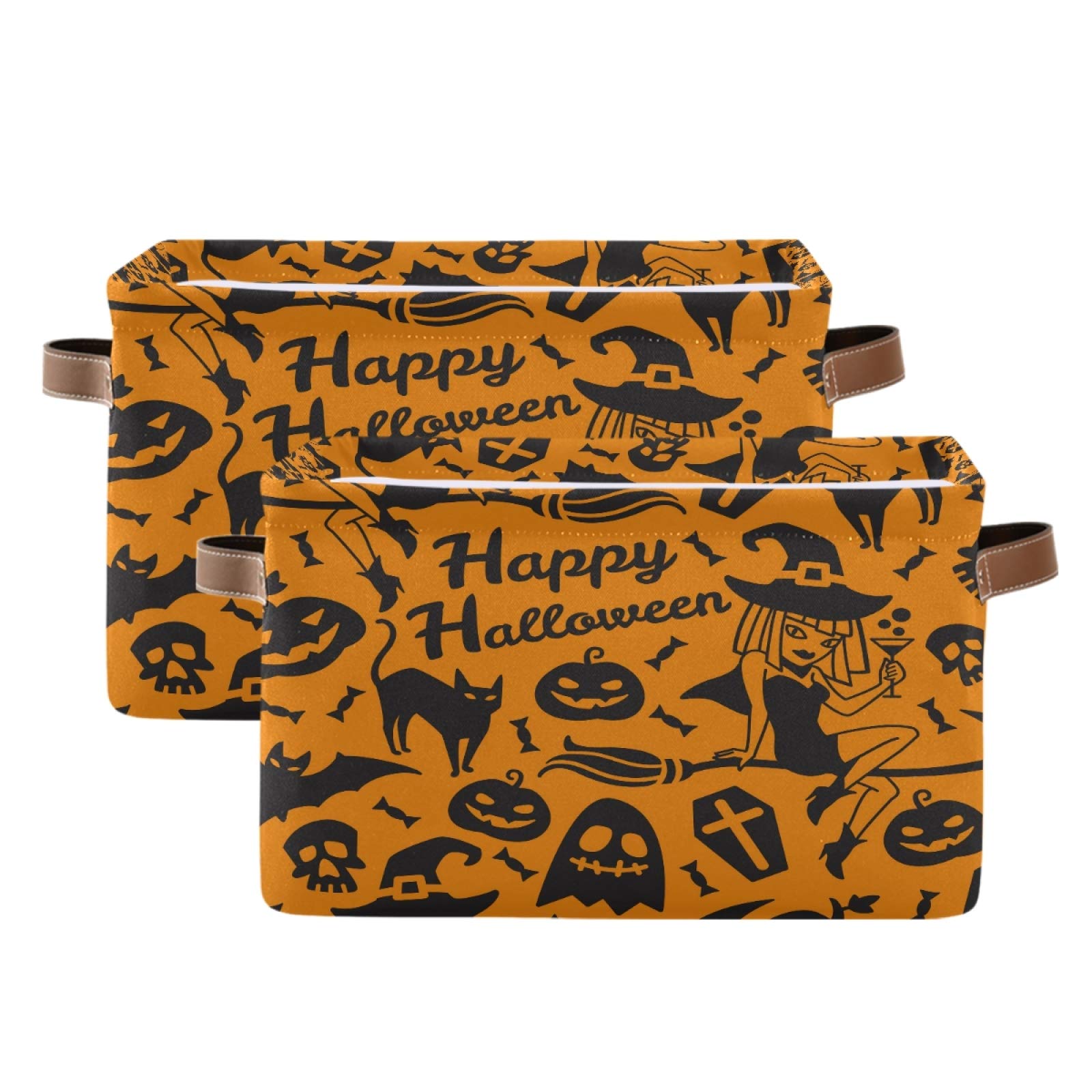 AUUXVA Halloween Pumpkin Witch Storage Basket - Durable Collapsible Canvas Organizer Bin with Handles for Toys, Office Supplies & Home Decor | Perfect for Bedroom Closet, Shelf Organization & Holiday Decor