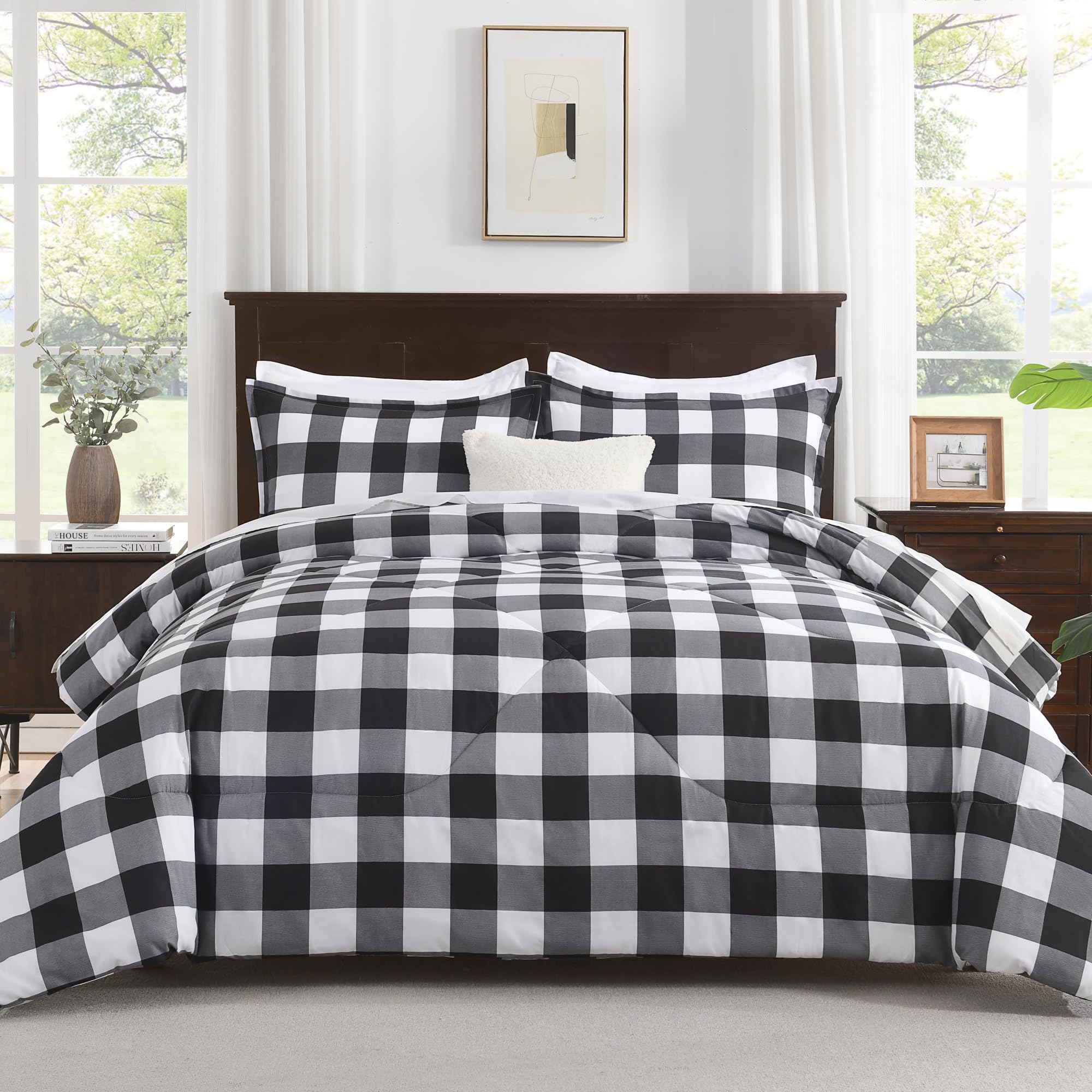 Andency Black Plaid King Size Comforter Set (90x104 Inch) - 3 Piece Buffalo Check Bedding with Lightweight Microfiber Down Alternative Comforter & 2 Pillowcases - Perfect for Summer, Guest Room & Cozy Bedroom Decor