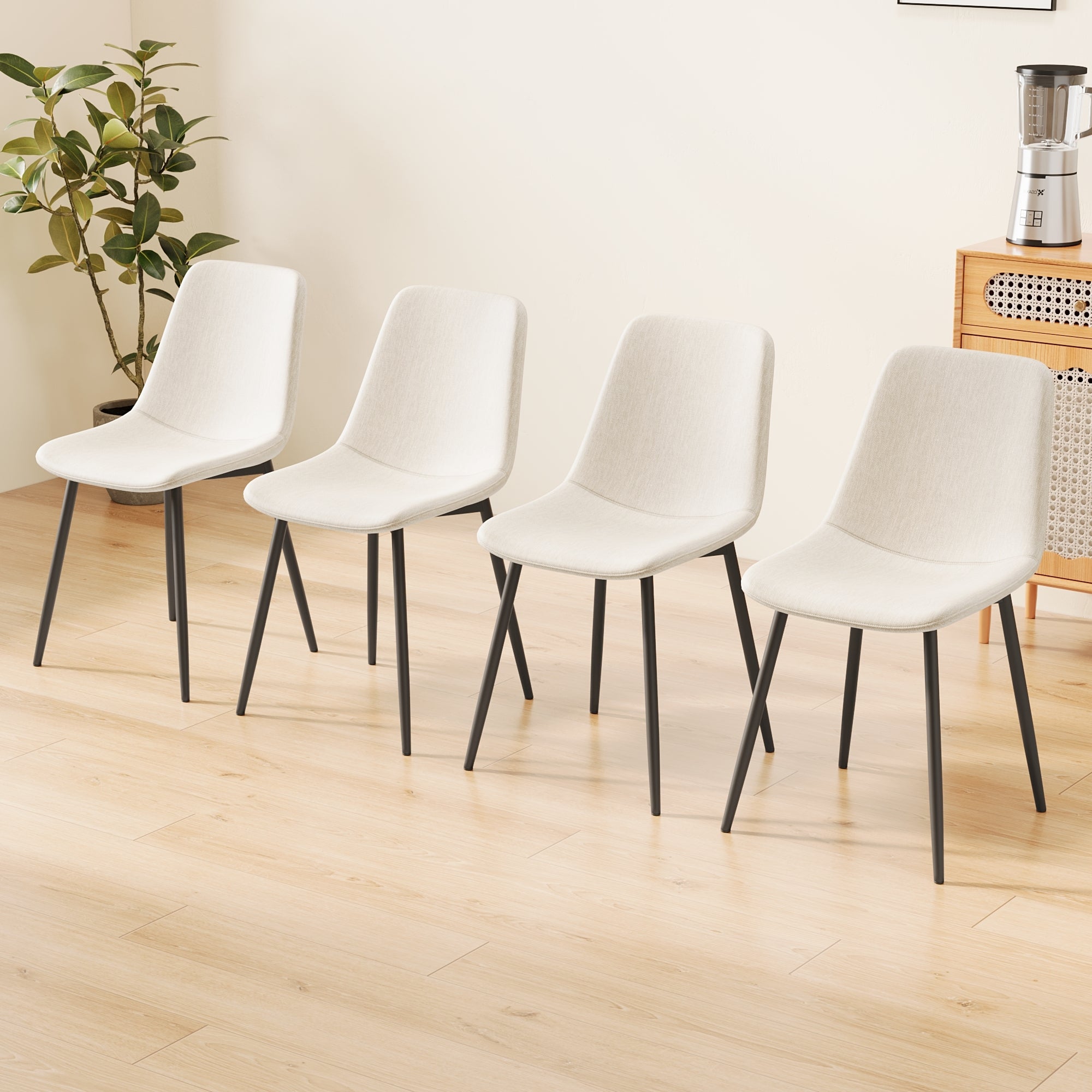 Modern Kitchen Dining Chairs Set of 4 - Linen Padded Seats with Sturdy Black Metal Legs (Beige) - Perfect for Home, Office, Restaurant & Cafe Use