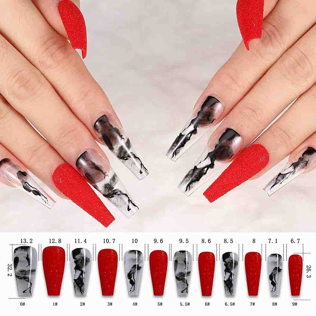 24Pcs Extra Long Press on Nails - Glossy Acrylic Coffin Ballerina Fake Nails with Smoke Pattern Red & Black Designs, Full Cover Artificial Nails for Women & Girls | Perfect for Parties, Halloween, Cosplay & Special Occasions