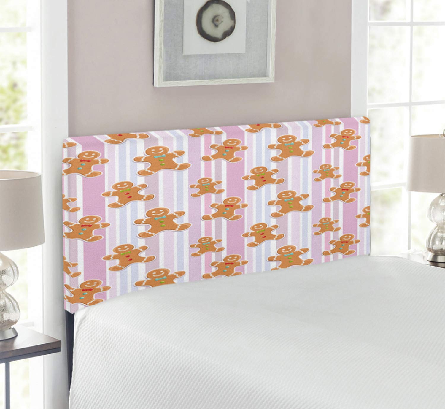 Ambesonne Gingerbread Man Headboard - Pastel Striped Bakery Christmas Design, Upholstered Metal Bed Frame with Memory Foam - Twin Size Multicolor - Perfect for Holiday Bedroom Decor & Cozy Winter Nights