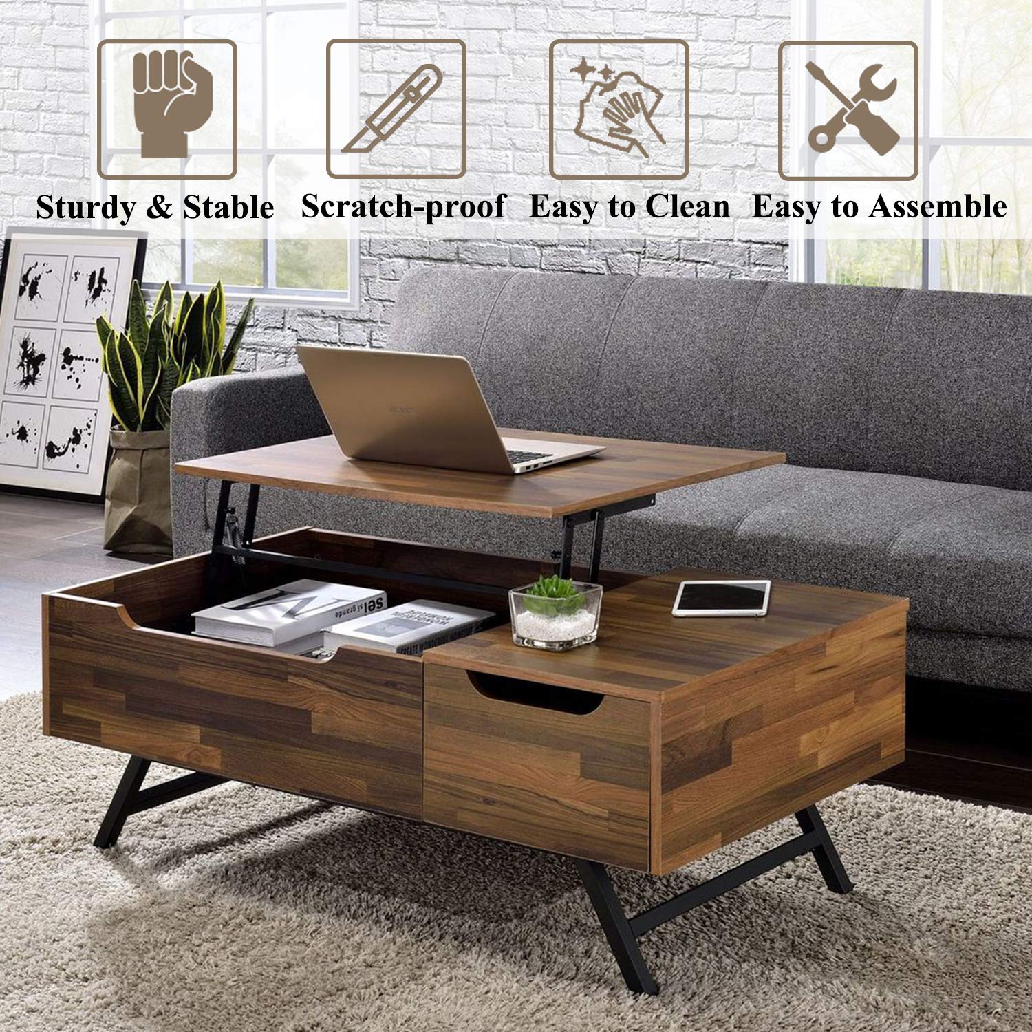 Modern Lift Top Coffee Table with Hidden Storage Drawer - Solid Wood Living Room Furniture for Home, Office & Reception Areas | Perfect for Small Spaces, Entertaining & Workspace Conversion