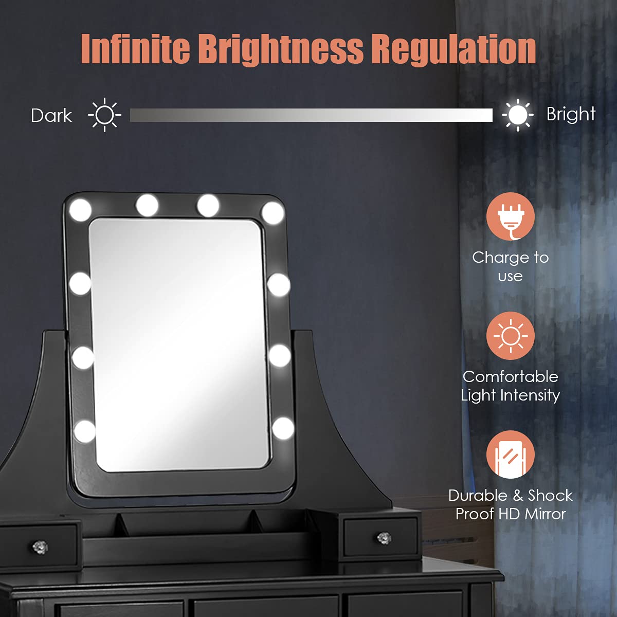 Modern Vanity Set with LED Lighted Mirror & Storage Drawers - 360° Rotatable Makeup Dressing Table with Cushioned Stool, Bedroom Furniture for Women | Perfect for Small Spaces, Makeup Application & Home Decor (Black)