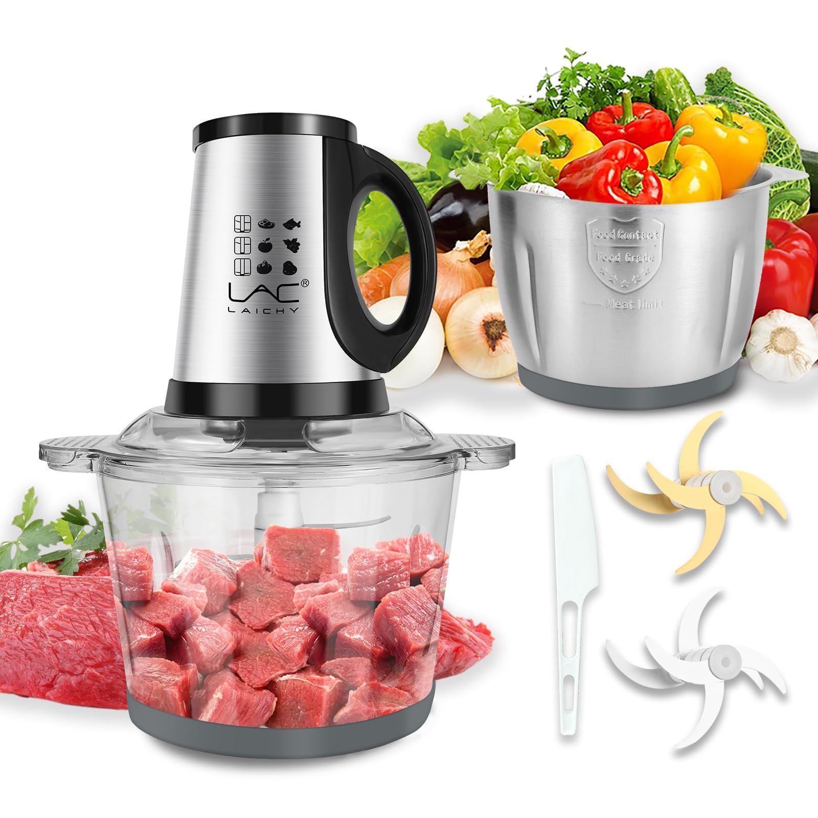 16-Cup Large Food Processor with 2 Bowls & 6 Blades - 350W Electric Meat Grinder & Vegetable Chopper - 3-Speed Settings - Includes Spatula - Perfect for Baby Food, Meat, Vegetables & Fruits - Ideal for Meal Prep, Cooking & Healthy Eating