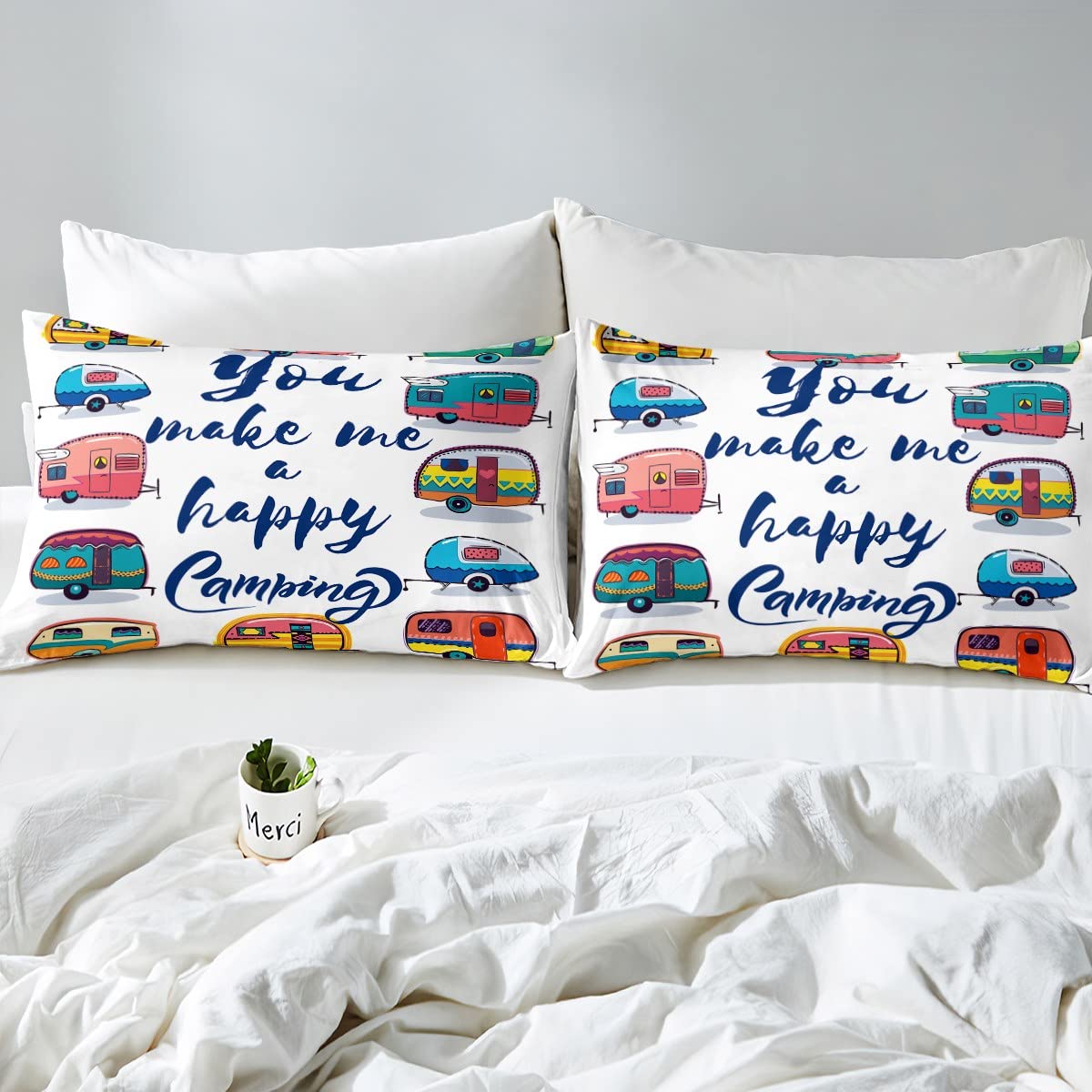 Happy Camping Twin Comforter Set - Retro Travel Themed Quilted Bedding for Kids, RV, Trailers & Caravans | Cozy Down Alternative Comforter with 2 Pillowcases | Perfect for Camping Trips & Road Adventures