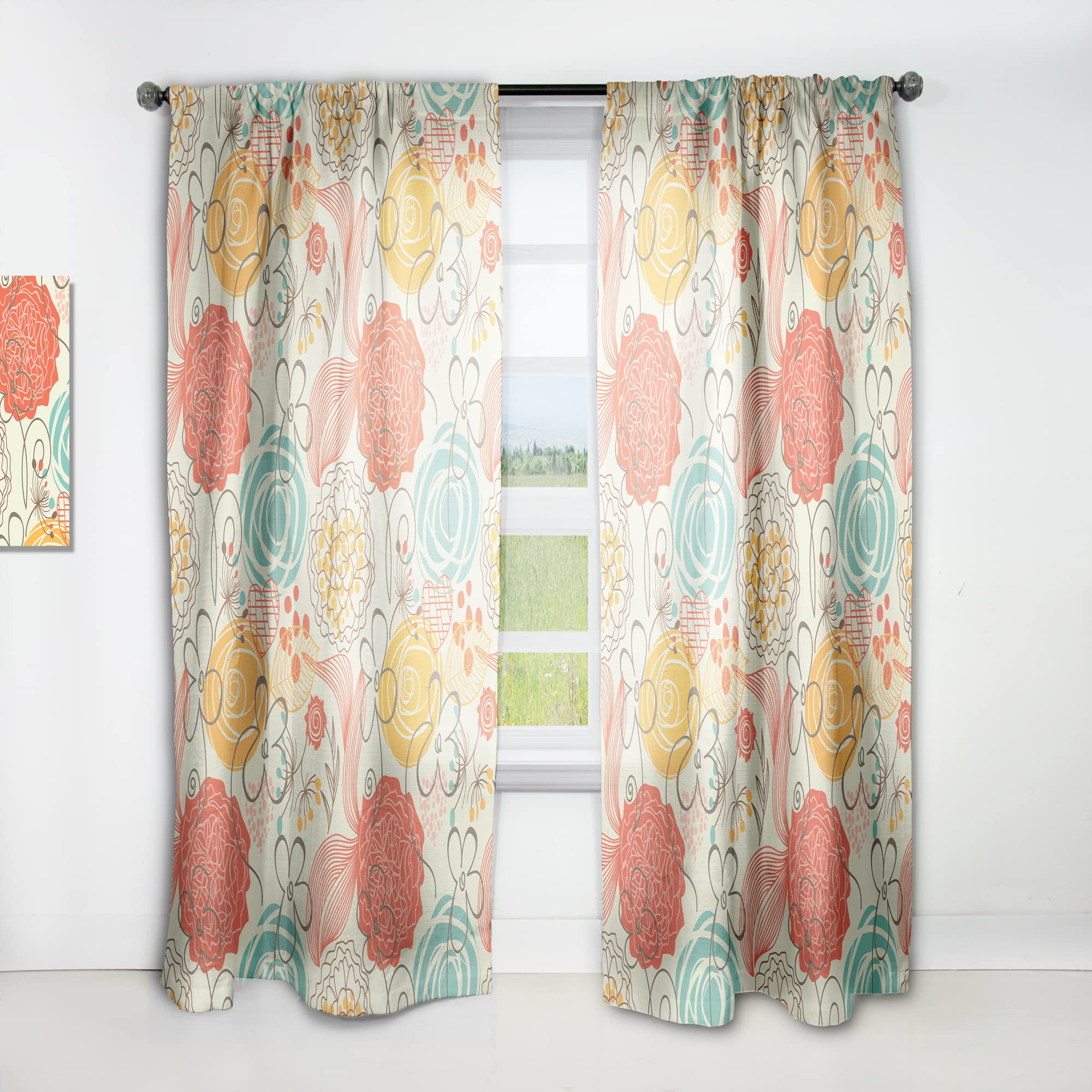 DesignQ Retro Floral Pattern Thermal Insulated Curtains - 52x95 Inch Single Panel for Bedroom & Living Room - Blackout Drapes for Home Decor & Privacy
