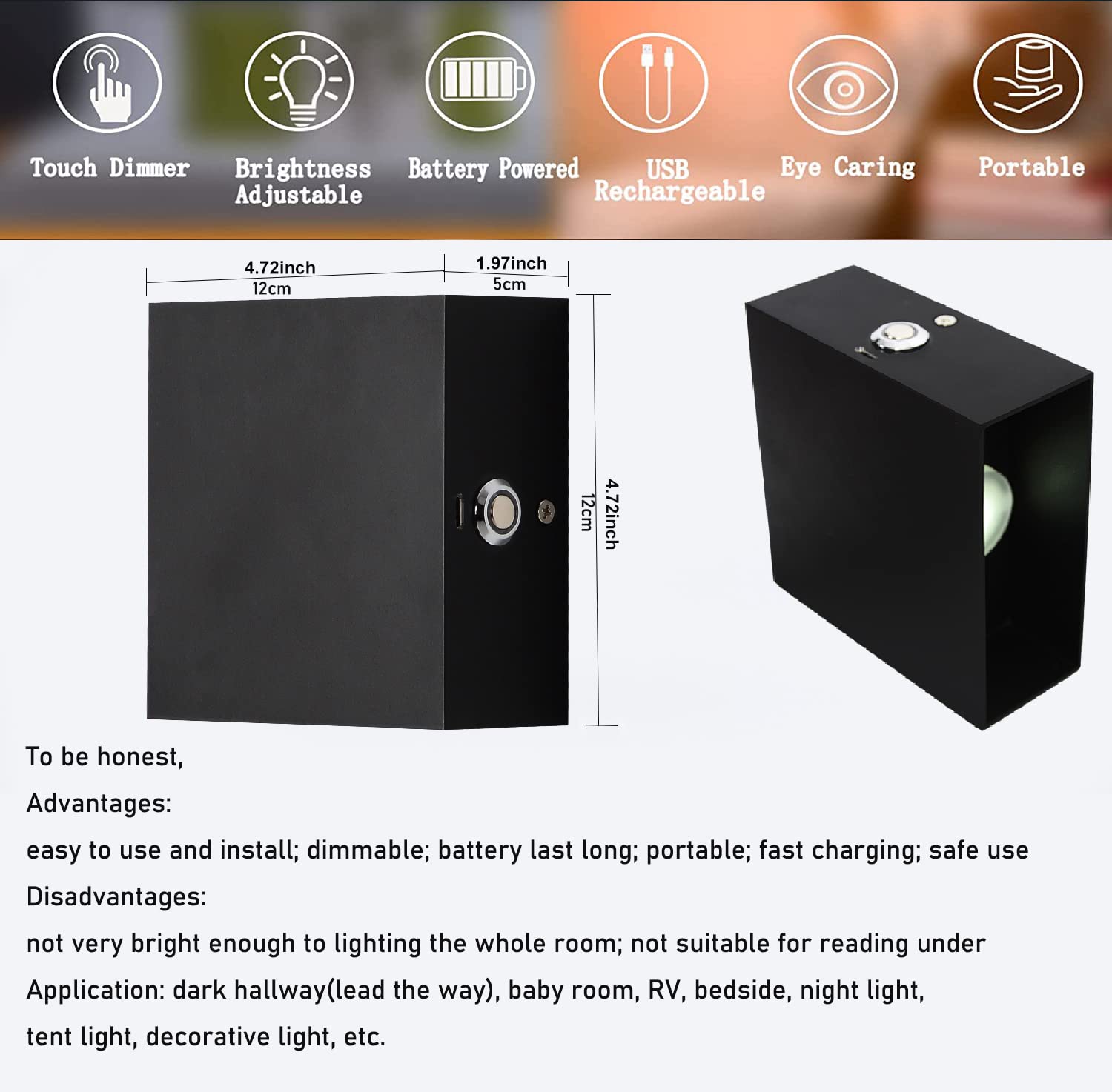 ZYI Rechargeable LED Wall Sconce Light - Touch Control, USB Powered Cordless Bedside Lamp for Bedroom, Nursery, Hallway & Staircase - Warm White 3000K (2 Pack, Black) | Perfect for Night Reading, Kids' Room Safety & Ambient Lighting
