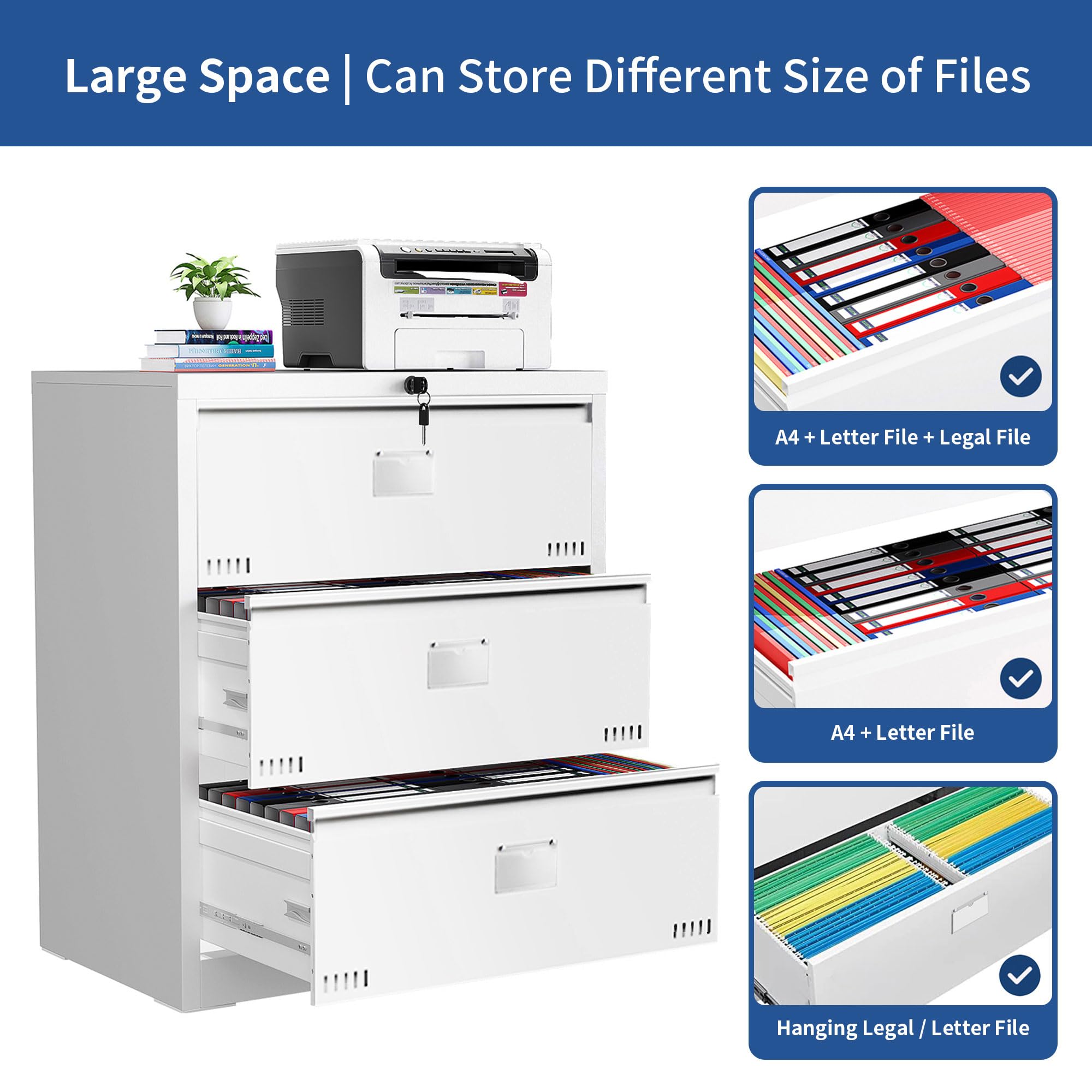 Locking Lateral File Cabinet - Metal Steel Office File Drawer with Key Lock for Legal/Letter/A4/F4 Documents | Secure Storage for Home & Office Organization