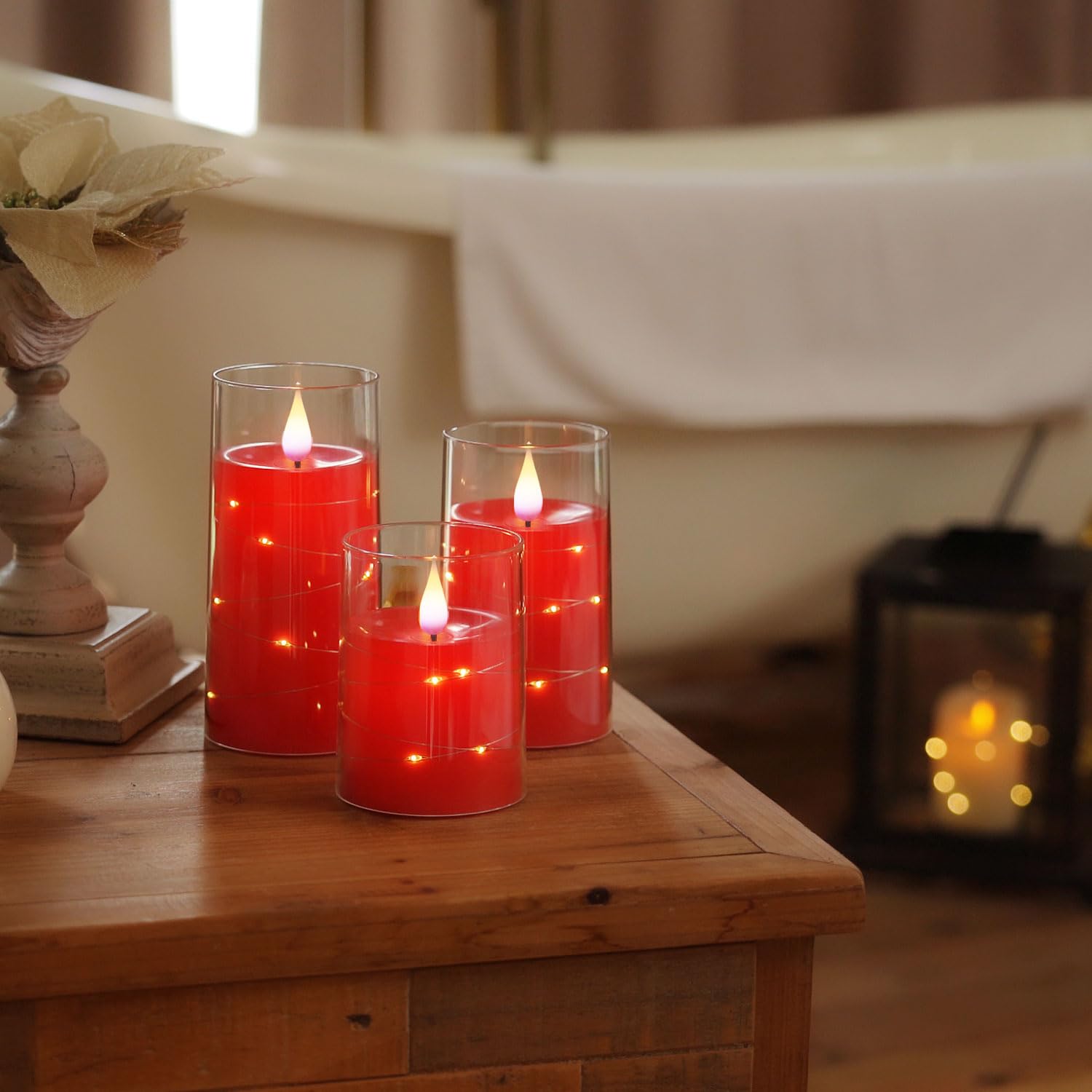 Homemory Flickering Flameless LED Candles with Remote - Set of 3 Battery Operated Candles with Embedded String Lights, Shatterproof Plexiglass Design (Red) - Perfect for Christmas Decor, Wedding Centerpieces & Cozy Home Ambiance