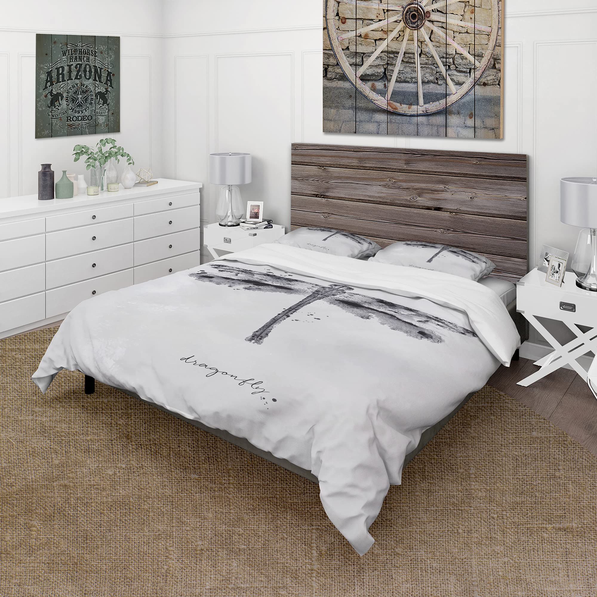 Monotype Dragonfly Black & White Traditional Duvet Cover Set Queen Size - 3 Piece Animals Bedding Set for All Seasons | Perfect for Master Bedroom, Guest Room & Bohemian Home Decor
