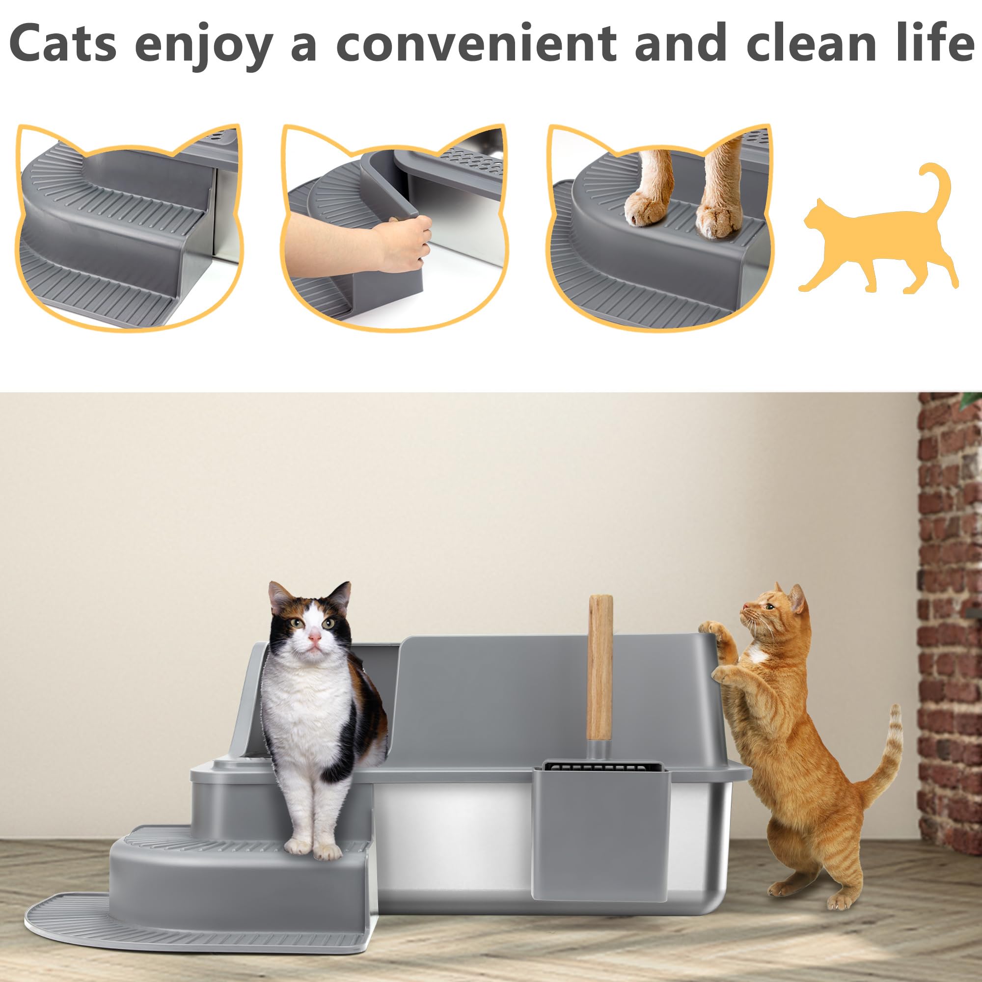 Stainless Steel Cat Litter Box with Steps - XL Size for Large Cats