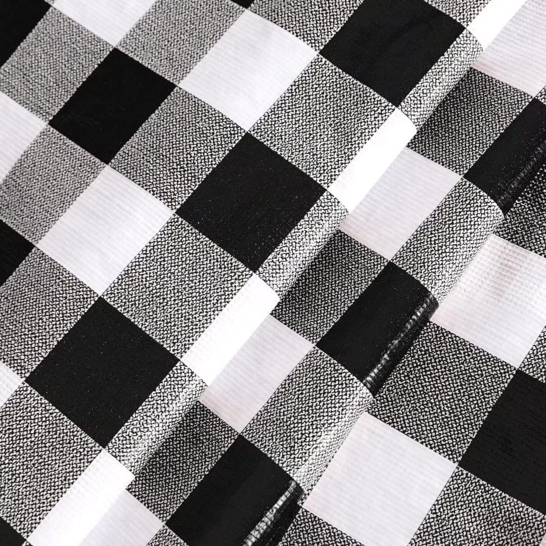 Fitable Vinyl Round Elastic Tablecloth with Flannel Backing - Waterproof Plaid Picnic Table Cover for Indoor & Outdoor Use, Black & White (Fits 57