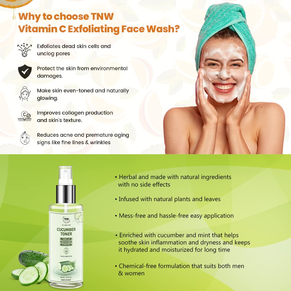 TNW-The Natural Wash Vitamin C Exfoliating Face Wash & Cucumber Toner Set - Glowing Skin Care with Natural Ingredients | Chemical-Free, Vegan Skincare for Daily Cleansing & Hydration | Perfect for Morning & Night Routine
