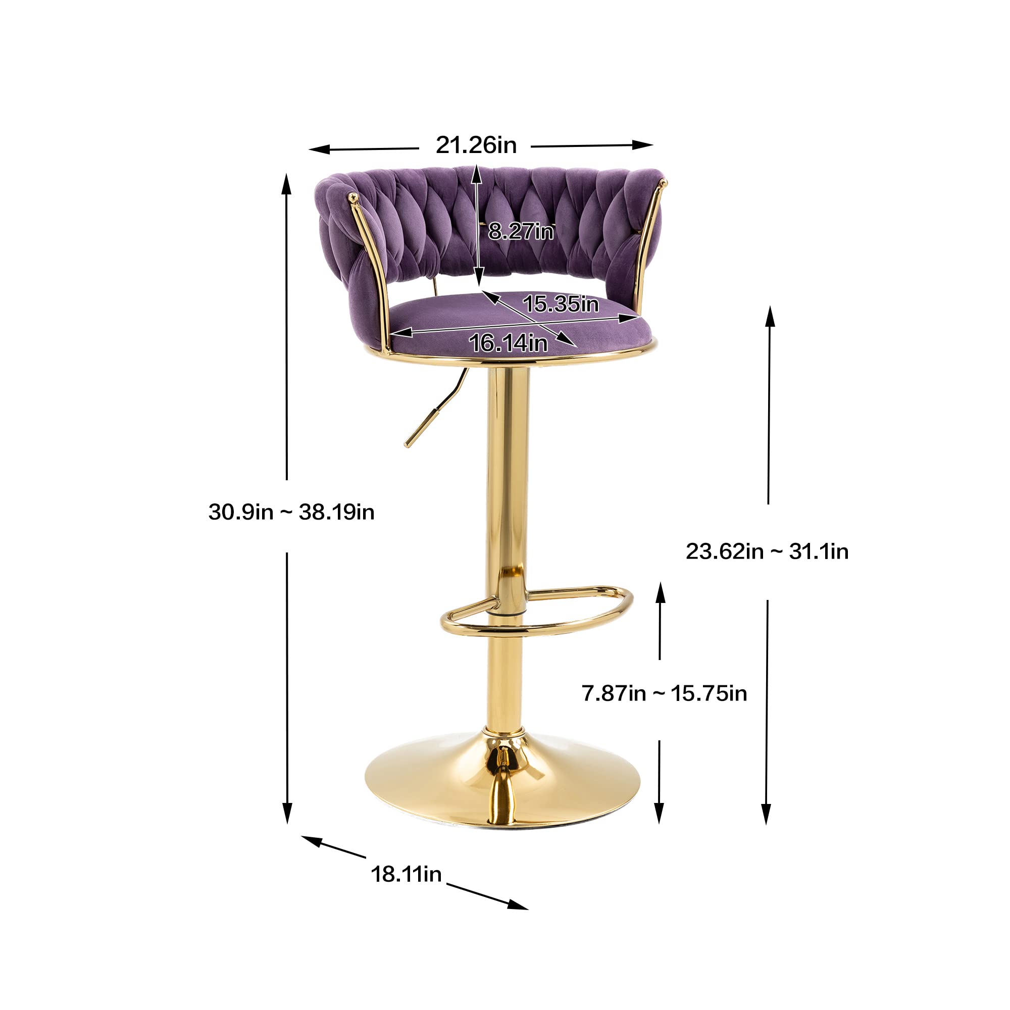 RXR Velvet Bar Stools Set of 2 - Adjustable Height 360° Swivel Stools with Golden Footrest for Kitchen, Pub & Café (Purple) | Perfect for Entertaining, Dining & Small Spaces