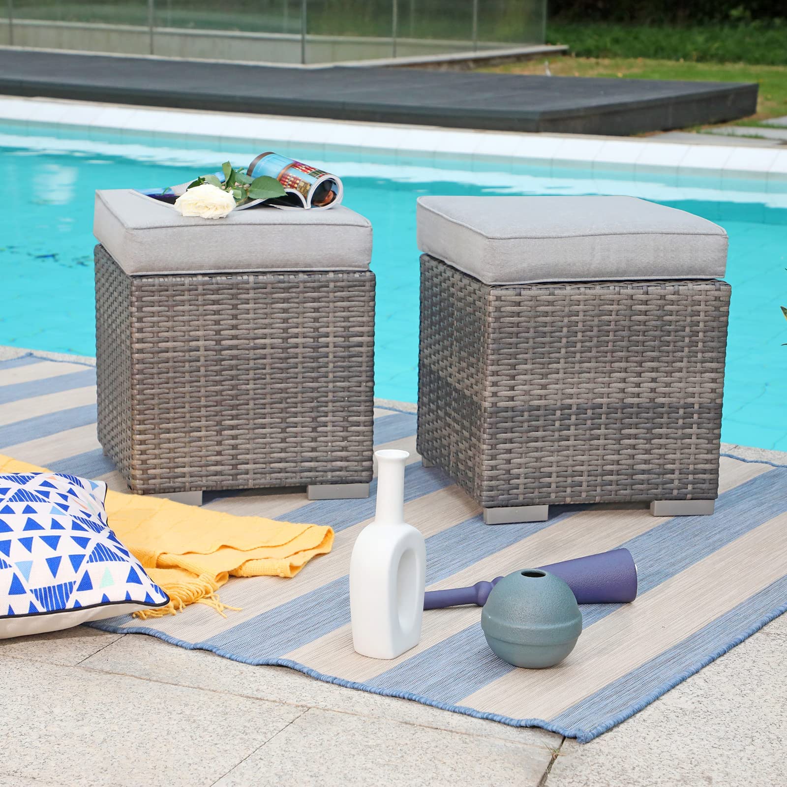 Patiorama 2-Piece Outdoor Patio Ottoman Set - All-Weather Grey Wicker Rattan Footstool with Light Grey Cushions - Indoor/Outdoor Use - No Assembly Required - Perfect for Poolside, Deck, Porch & Living Room Relaxation