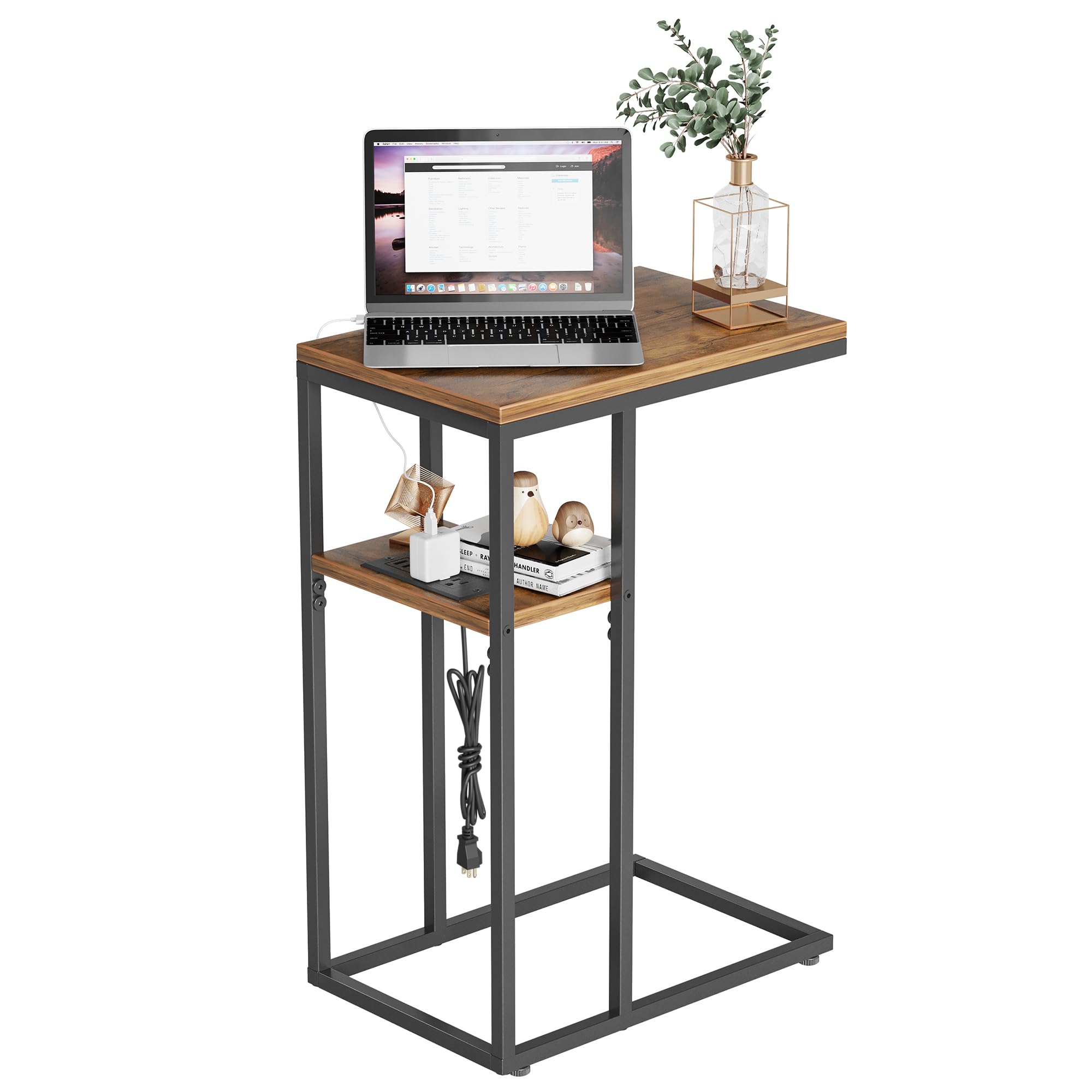 CubiCubi C-Shaped End Table with Charging Station - USB Ports & Outlets, Nightstand for Living Room, Bedroom, Sofa & Bedside - Compact Side Table with Storage Shelf (Brown) - Perfect for Small Spaces, Apartment Decor & Charging Devices While Relaxing