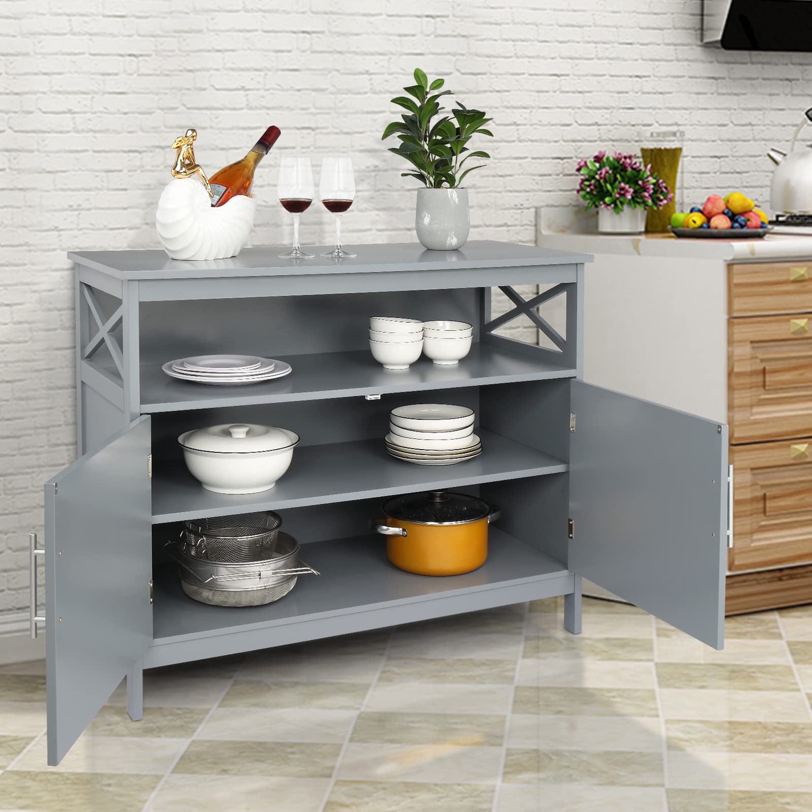 Density Board Double Door with Partition X-Shaped Sideboard - Modern Gray Storage Cabinet for Living Room, Entryway, Hallway | Perfect as Console Table, Display Shelf & Entryway Organizer
