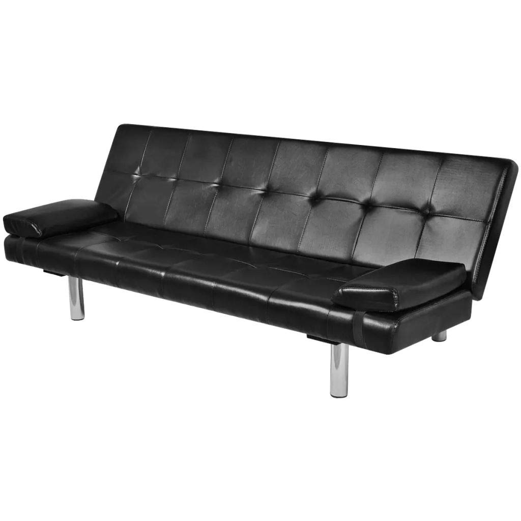 Convertible Sofa Bed with 2 Pillows - Wooden Frame PU Leather Adjustable Sleeper Chair for Living Room, Guest Room & Small Spaces (Black) - Perfect for Apartments, Dorms & Home Offices