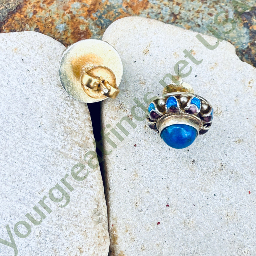 Vintage Gold Over Sterling Silver Lapis Stud Pierced Post Earrings - Cloisonné Enamel Jewelry for Women, Gift for Her, Birthday, Anniversary, Wedding, Party, Everyday Wear