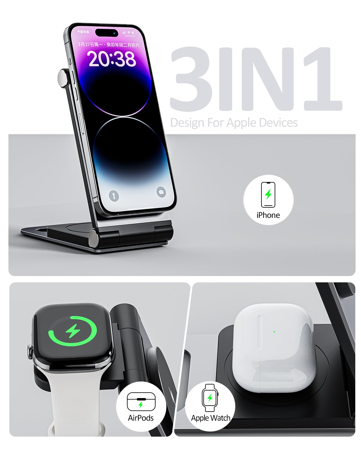 15W Fast Wireless Charger with Sleep-Friendly Adaptive Light - Compatible with iPhone 16/15/14/13/Pro/XS/8 Plus, Samsung Galaxy S23/S22/S21/Note 20, Google Pixel - Black | Perfect for Bedside, Office & Travel Charging
