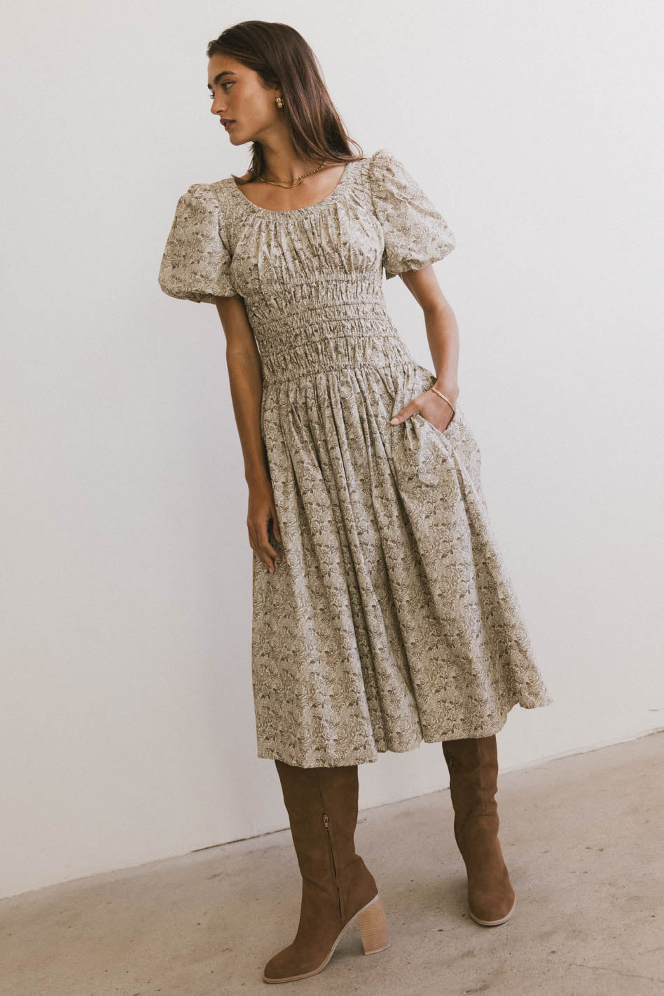 Lucille Smocked Floral Dress in Olive Green - Women's Summer Boho Maxi Dress for Beach Vacation & Outdoor Weddings