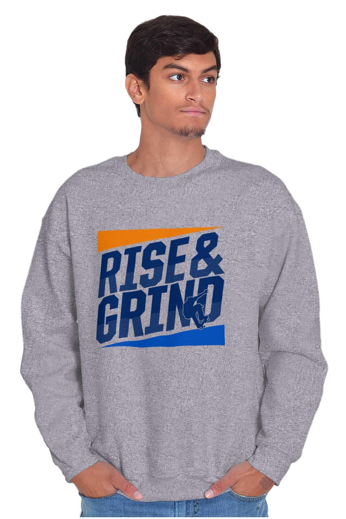 Brisco Brands Rise and Grind Skateboard Quote Men's Crewneck Sweatshirt - Comfortable Pullover Hoodie for Skateboarders, Streetwear & Casual Outfits
