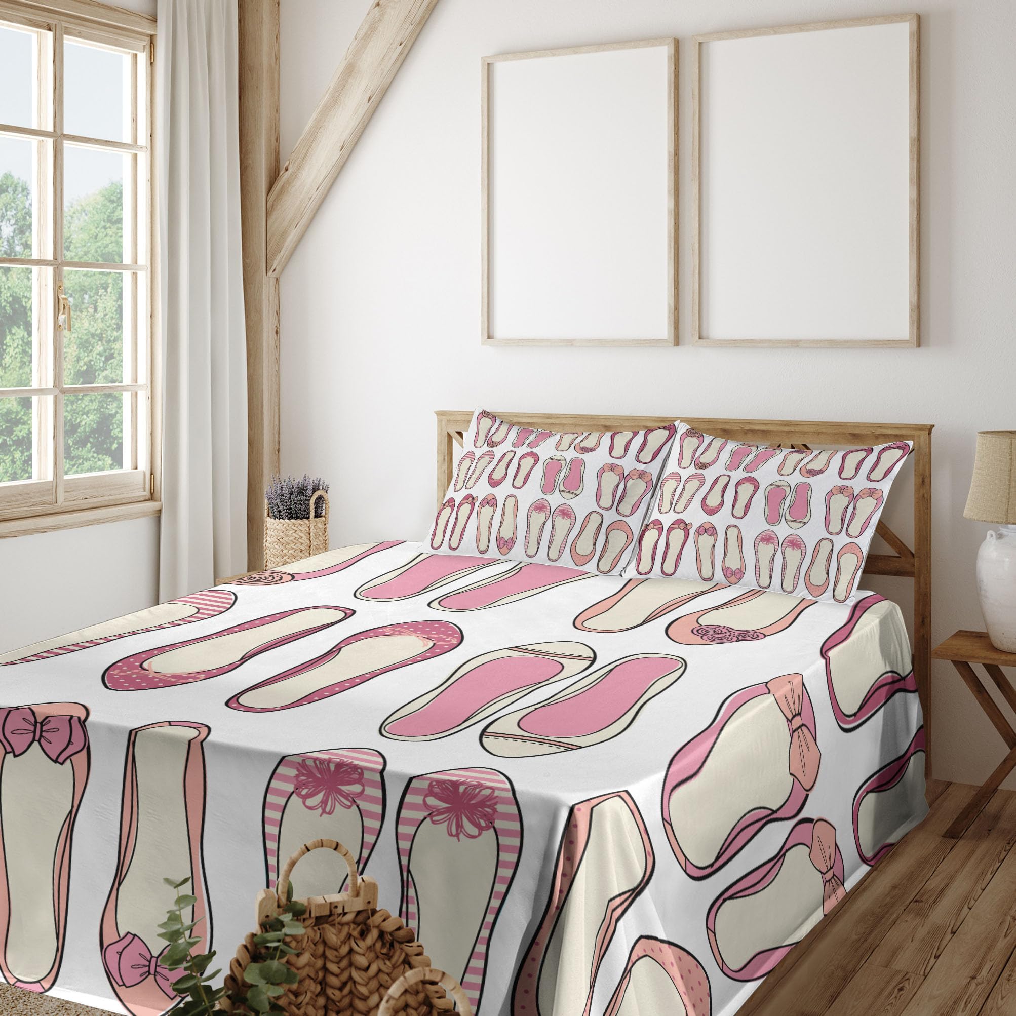 Ambesonne Retro Ballerina Shoes Sheet Set - 4 Piece King Size Bedding with Ribbon Roses, Stripes & Polkadots Feminine Design - Fitted & Flat Sheet + Pillowcases - Beige & Pink - Perfect for Girls' Bedrooms, Ballet Themed Decor & Vintage Style Home Accents