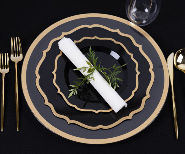 10-Pack Black & Gold Round Scalloped Plastic Plates - Elegant Disposable Dinnerware for Parties, Weddings, and Special Events