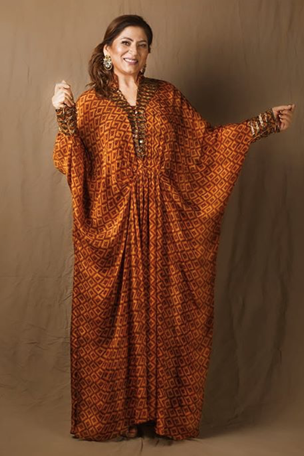 Archana Puran Singh Beige Brown Basket Weave Print Pleated Maxi Dress with Embroidered Belt - Elegant Boho Chic Dress for Summer Parties, Weddings & Beach Vacations