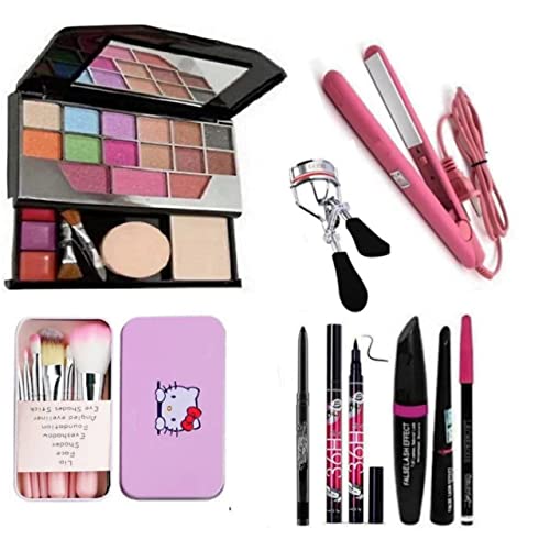 TYA 5024 Professional Makeup Kit for Women & Girls - 36H Eyeliner, 3-in-1 Eyeliner, Mascara, Eyebrow Pencil, Kajal with 7 Black Makeup Brushes & 1 Eyelash Curler + Mini Hair Straightener (15-Piece Set) | Perfect for Daily Makeup, Party Looks & Travel Beauty Essentials