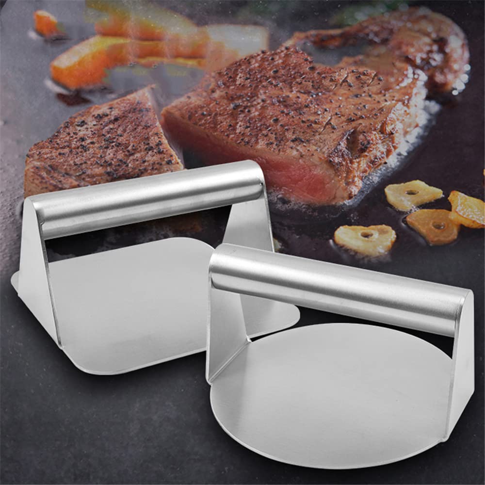 Premium 304 Stainless Steel Meat Press - Round & Square Hamburger Patty Maker with Wooden Handle for Steak, Burgers & Meatballs | Heavy Duty Kitchen Tool for BBQ, Grilling & Home Cooking