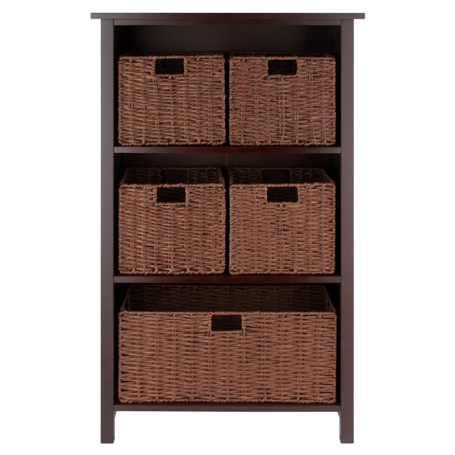 Winsome Wood Milan 6-Piece Storage Shelf with 5 Foldable Woven Baskets - Walnut Finish | Organizer for Bedroom, Bathroom, Living Room & Office | Space-Saving Home Decor
