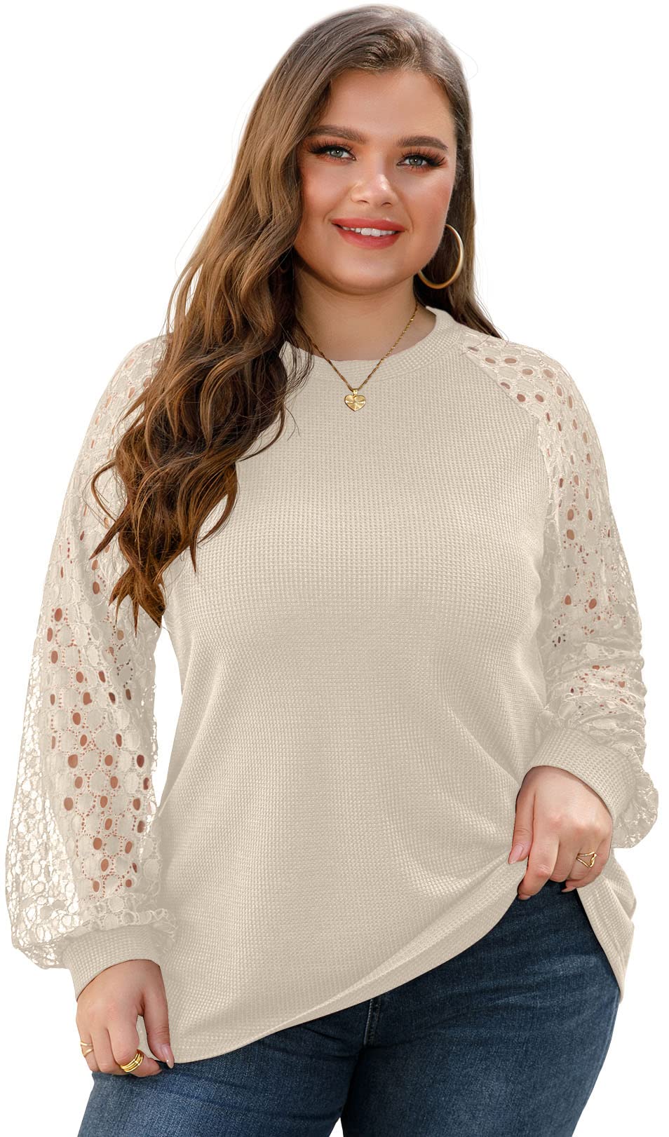 OLRIK Women's Plus Size Lace Sleeve Blouse - Waffle Knit Long Sleeve Tops for Casual Wear & Office Outfits