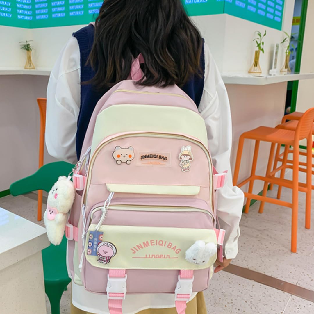 5Pcs Kawaii Cute Backpack Set for School - Aesthetic Green Backpack with Accessories | Perfect for Students, Anime Fans & Kawaii Lovers | School Supplies, Travel & Daily Use